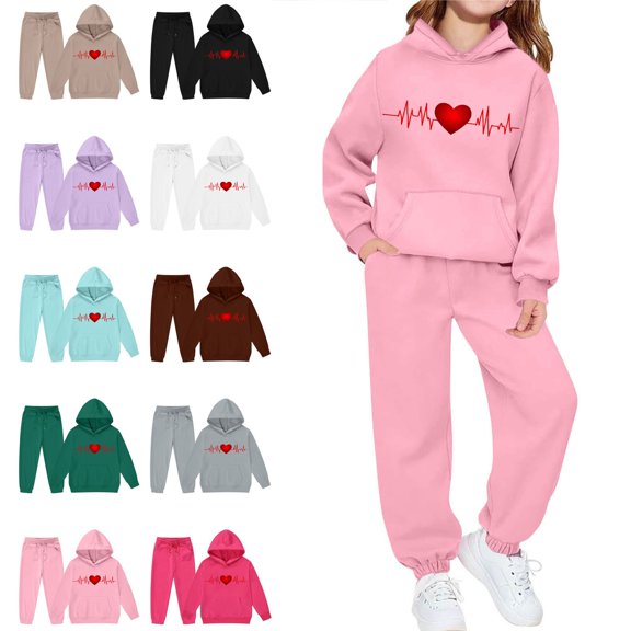 Piuwrlz Kids Hoodies Outfits Sets,Girls Heart Pattern Sweatshirt Pants Fashion Set Pink Size 7-8 Years