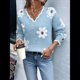 thumbnail image 4 of Suéteres de Cuello en V de Gran Tamaño para Mujer, Suéteres Casuales Sueltos de Larga de Punto Grueso, Suéteres, Tops Azul S, 4 of 9
