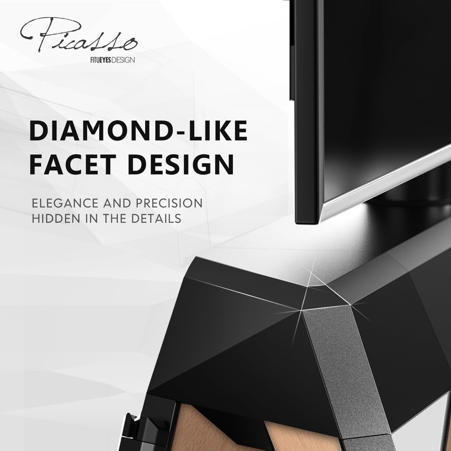 FITUEYES Picasso Series Floor TV Stand for 65–88 inch TVs, Black & Light Wood, Cable Management