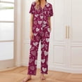 thumbnail image 1 of Pijama de manga corta con estampado fino y pantalones largos con solapa para mujer, top y pantalones de poliéster., 1 of 5