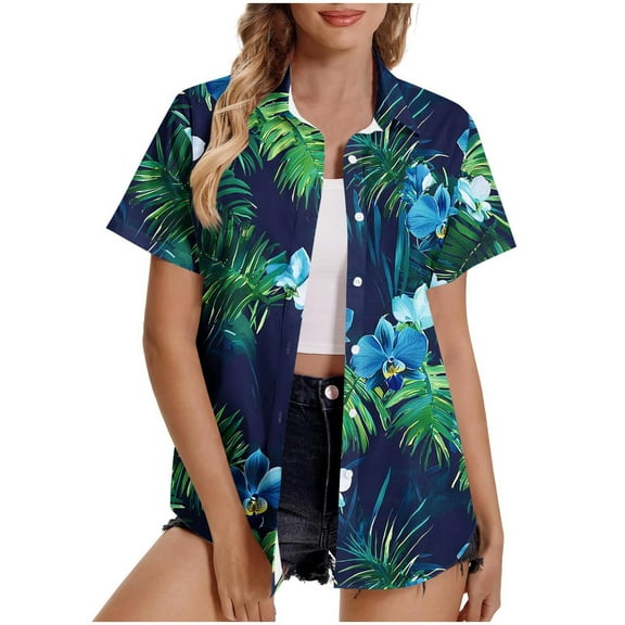 Youyipin Womens Tops Womens Hawaiian Shirt Soft Cool Summer Hawaii Shirts Floral Tropic Print V Neck T-Shirt Short Sleeve Button Up Tops Beach Vacation Clothes For Women