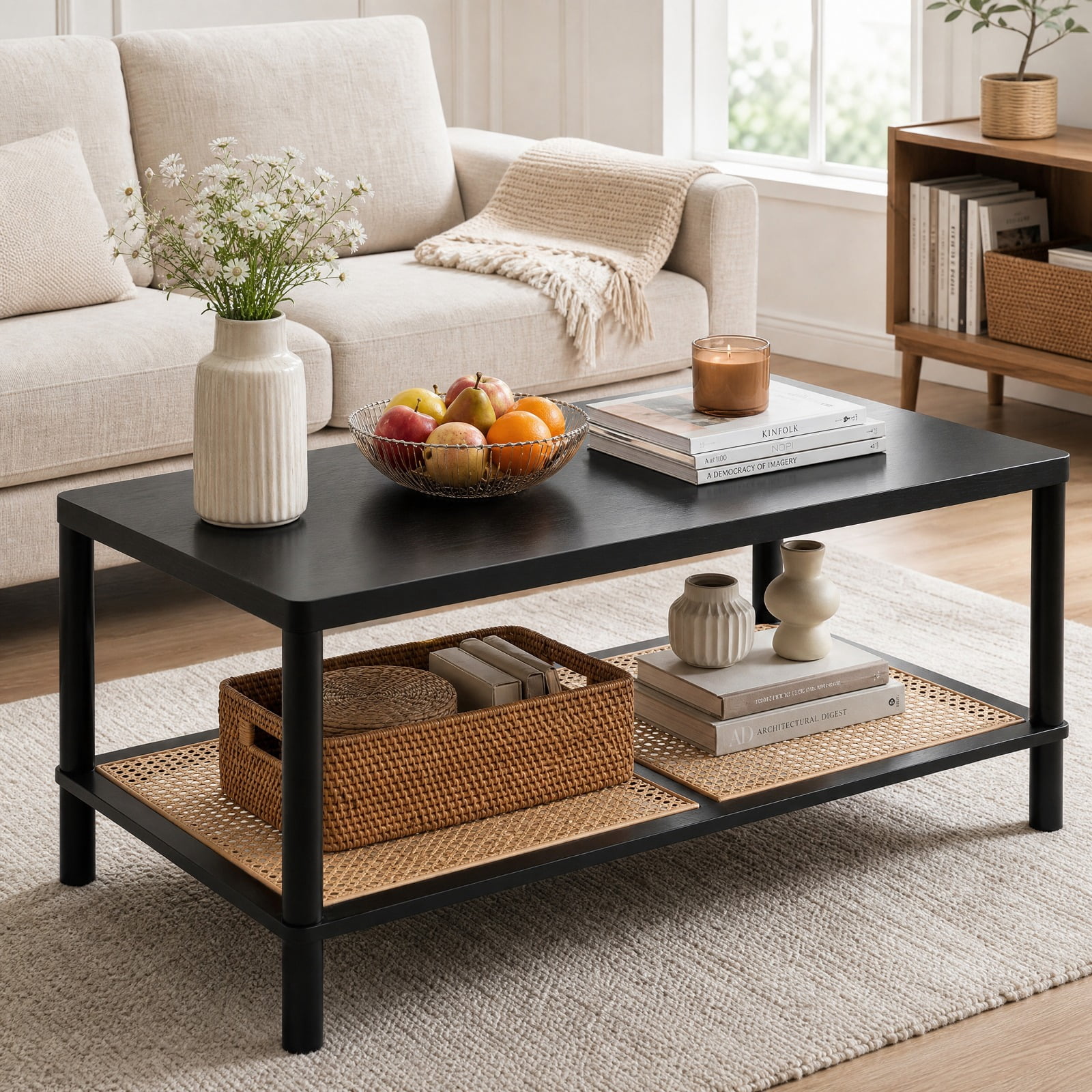 Furnibear 2 Tier Boho Rectangular Coffee Table with Rubber Wood Frame and Faux Rattan Open Storage Shelf for Living Room Home Office, Black