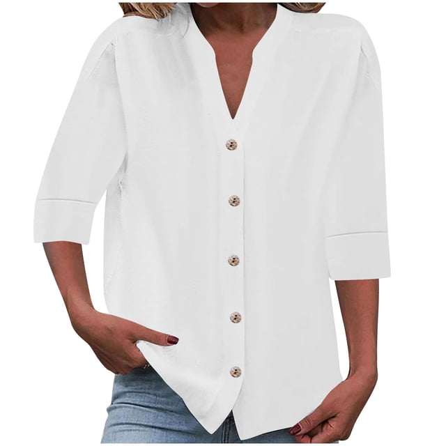 Timegard Womens Tops 1/2 Sleeve V Neck Button down Shirts Casual Loose Lightweight Blouse Solid Color