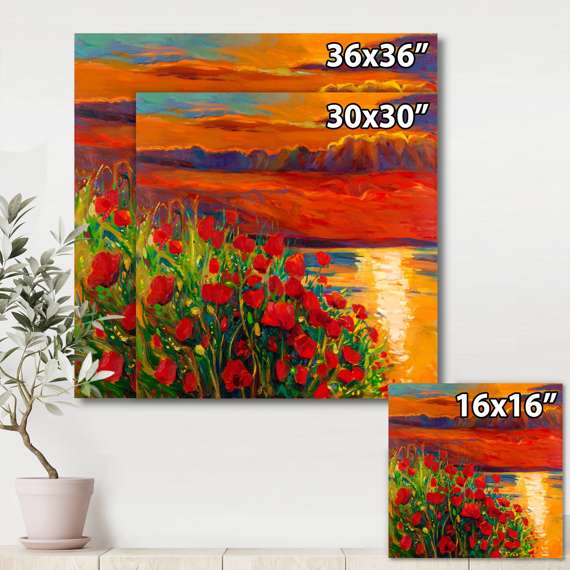 Designart ' Red Poppies By The Ocean During Evening Glow ' Nautical & Coastal Canvas Wall Art Print