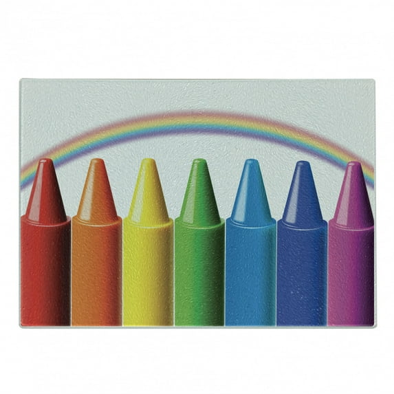 Crayon Cutting Board, Digital Illustration of Colorful Painting Elements and Blurry Rainbow Nursery Themed, Decorative Tempered Glass Cutting and Serving Board, in 3 Sizes, by Ambesonne