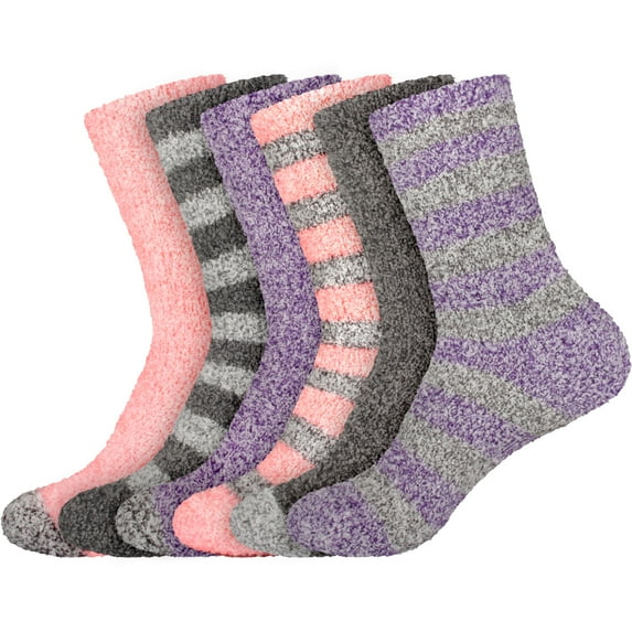 BambooMN Women's Extra Large Soft Fuzzy Warm Cozy Comfy Fuzzy Plush Cute Striped Solid Slipper Socks - Assortment C - 6 Pairs