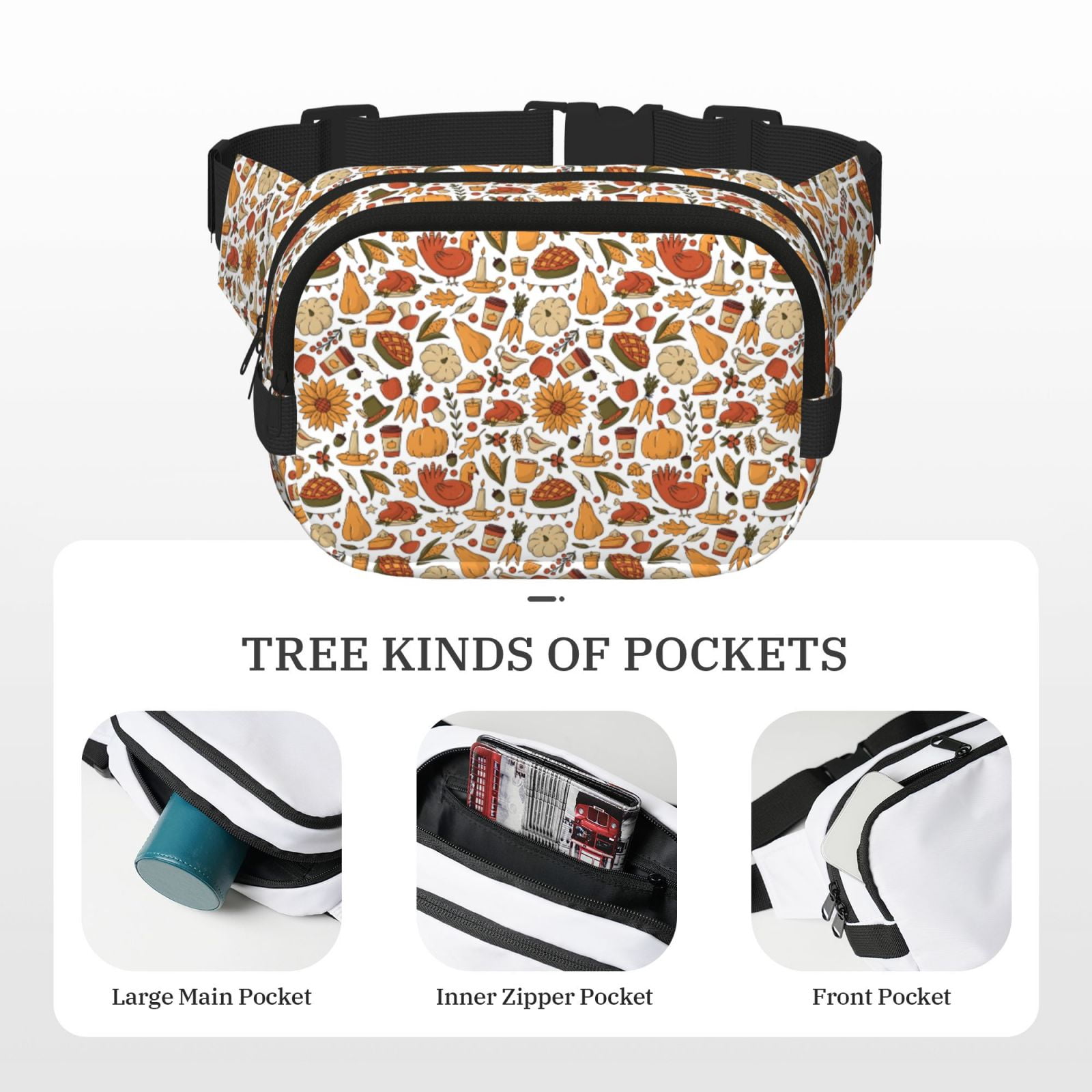 Picia Thanksgiving Food Print Square Double-Layer Waist Bag Mini Adjustable Waist Belt Bag Exercise Running Travel Hiking