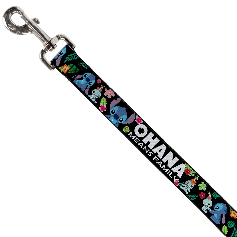 Disney Pet Leash, Dog Leash, Ohana Means Family Stitch Scrump Poses Tropical Flora Black, 4 Feet Long 1.0 Inch Wide