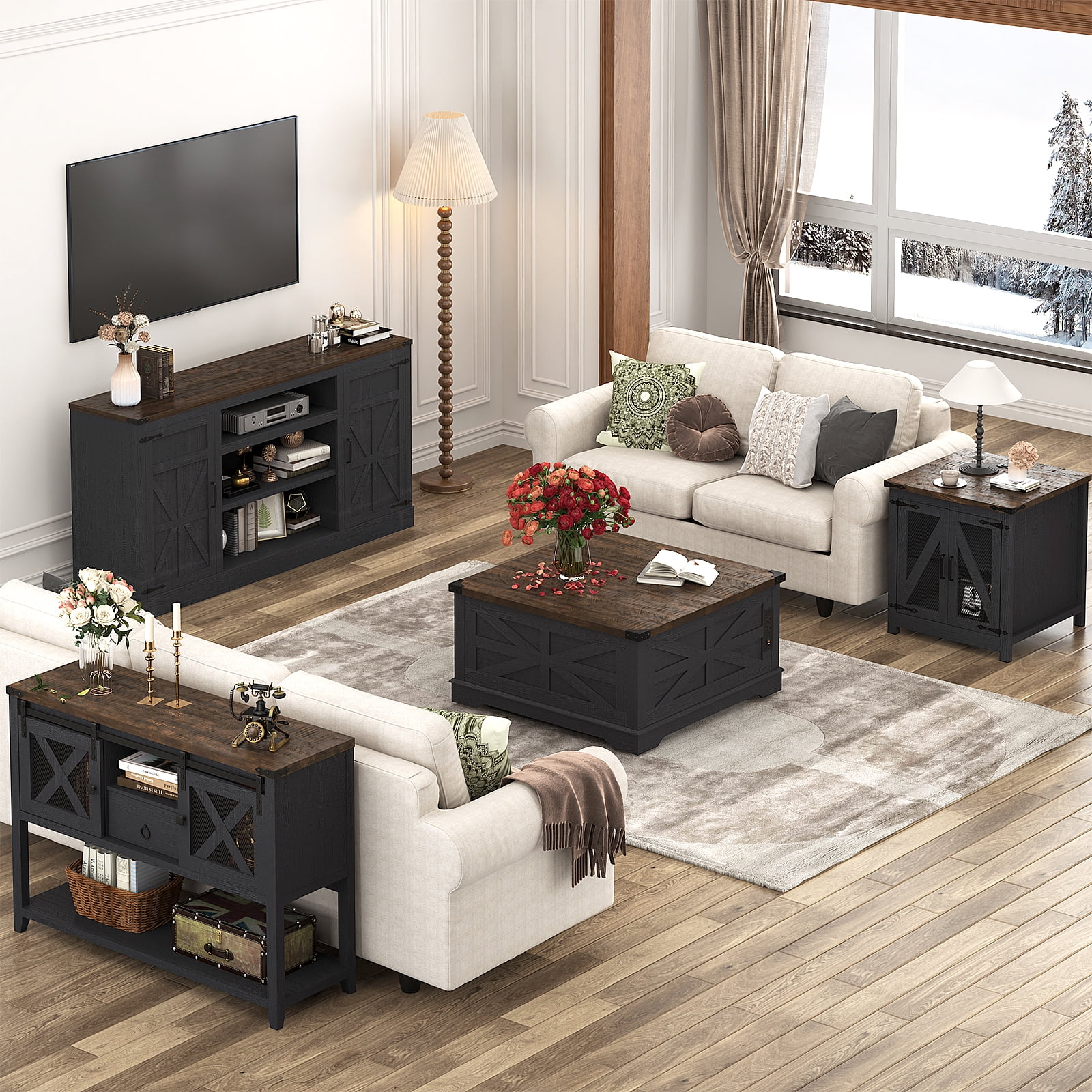 ANPOO 36" Movable Lift Top Coffee Table with Storage & Power Outlets, Farmhouse Square Coffee Table w/Wheels & Large Hidden Space, Wooden Center Table for Living Room(Black/36")
