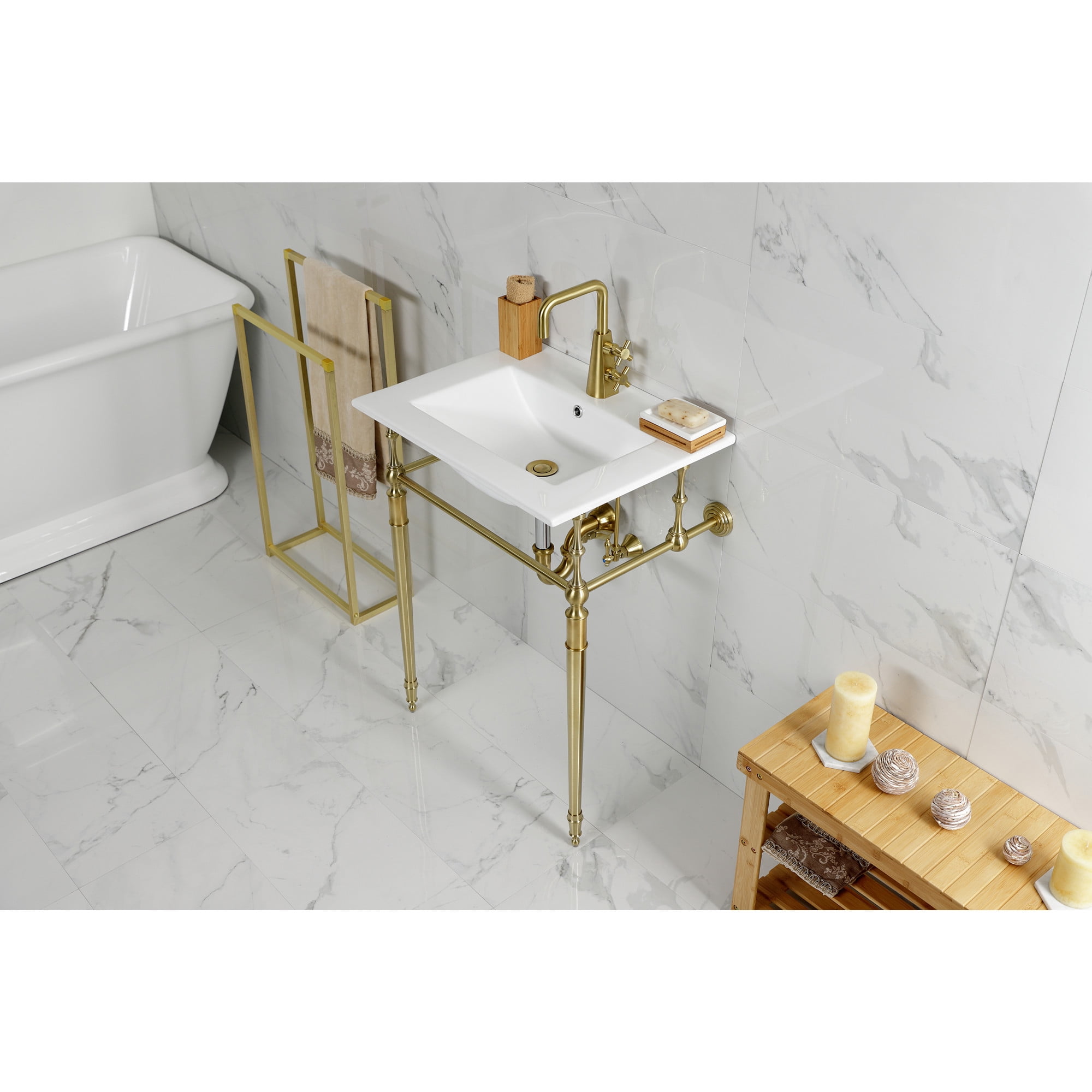 Kingston Brass KVPB24187W1BB Edwardian 24" Ceramic Console Sink with Brass Legs (1-Hole), White/Brushed Brass