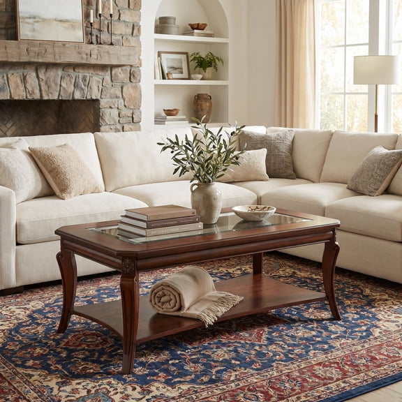 Classic Finish Solid Wood Rectangle Coffee Table With Glass Top And Lower
