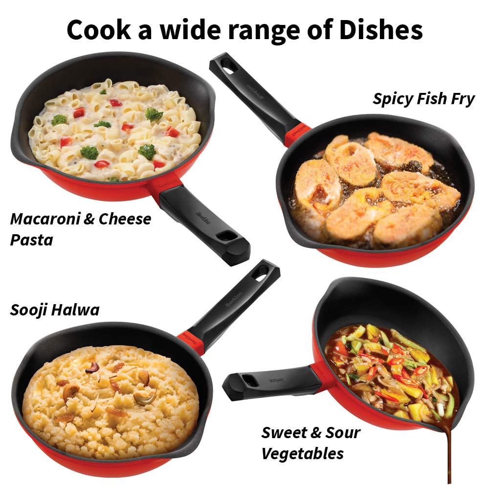 Red Aluminium Frying Pan 22 Cm | Die Cast Non Stick Fry Pan With Glass Lid, Ceramic Coated Pan, Induction Frying Pan, Small Frying Pan (IDCF22G)