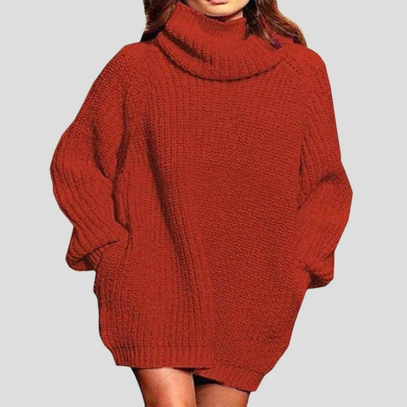 Goodtrade8 Womens Sweaters Oversize Length Solid Color Turtleneck Casual Long Sleeve Sweaters Tops