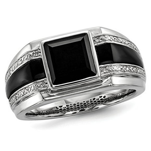 Mens Black Onyx Ring with Accent Diamonds in Black Rhodium Plated Sterling Silver