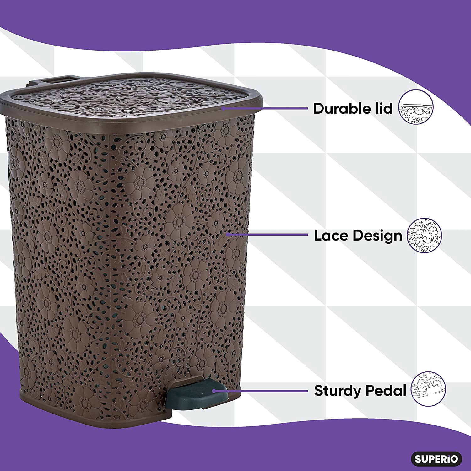 Compact Plastic Step-On Trash Can, 2 Pack Indoor and Outdoor Waste Bin with Foot Pedal, Brown Decorative Garbage Bin with Lace Design, 6 Qt Small Trash Can for Kitchen, Bathroom, Bedroom, Patio, Yard