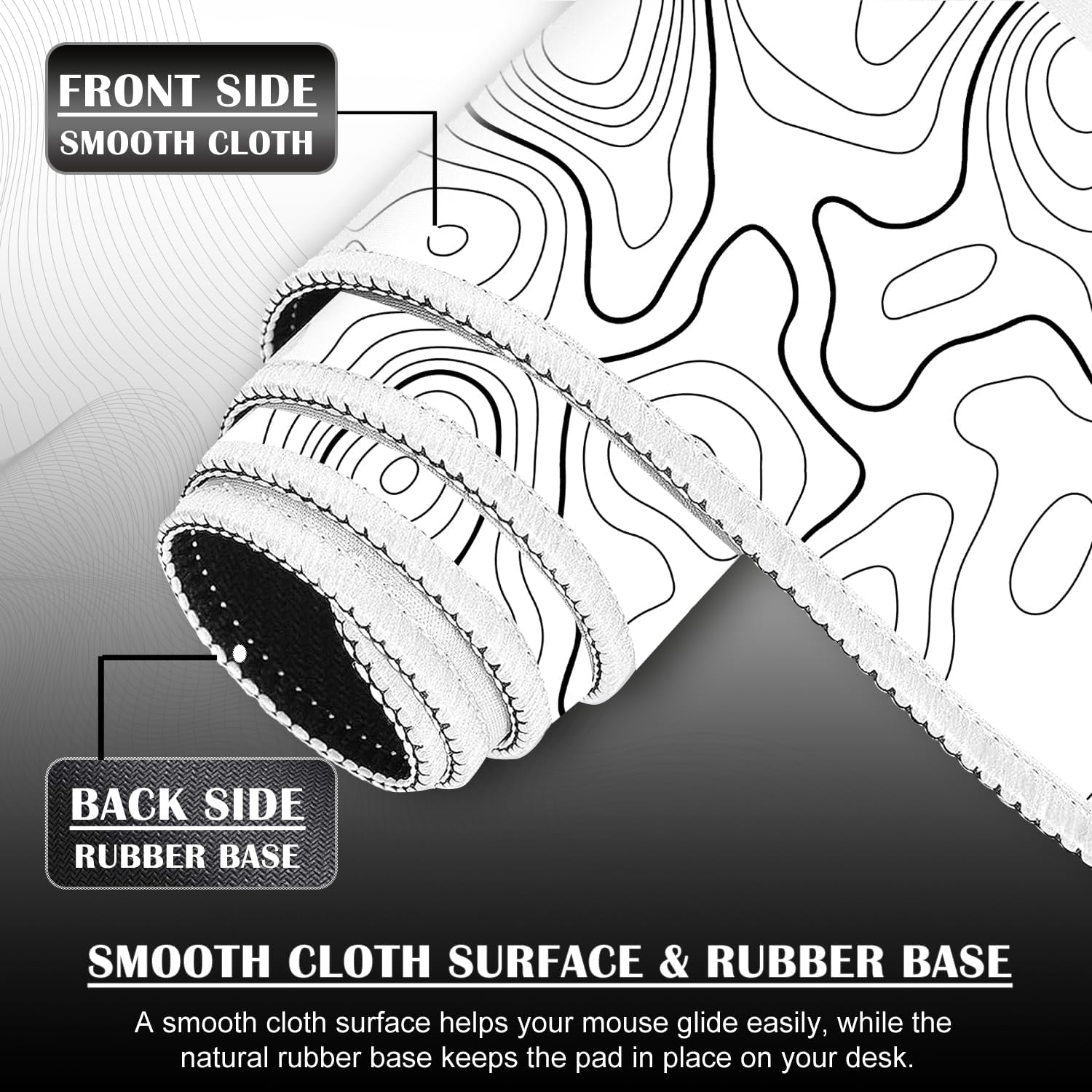 Extra Large Gaming Mouse Pad 35.4 x 15.7 Inch, Extended Mousepad with Stitched Edges, Smooth Cloth Surface, Non-Slip Rubber Base, Waterproof Desk Pad for Keyboard and Mouse, Topographic White