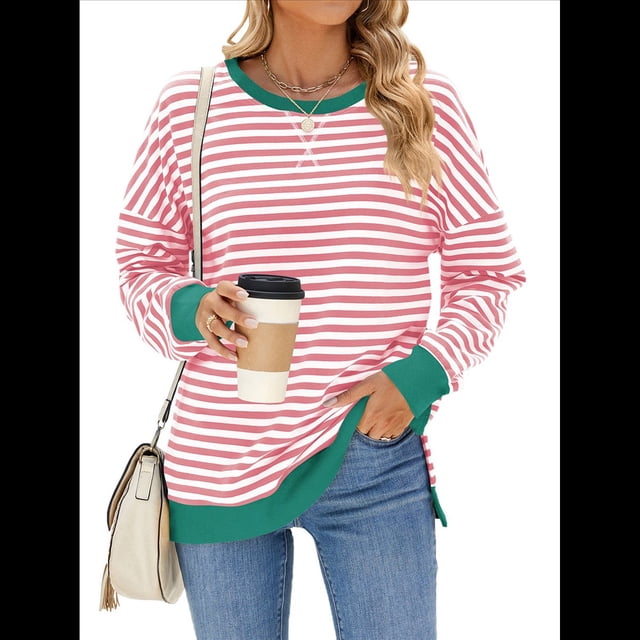 Sudadera Oversize para Mujer, Verano 2025, Cuello Redondo, Rayas, Larga, Aberturas Laterales, Sudaderas con Capucha Y2K Rosa y M
