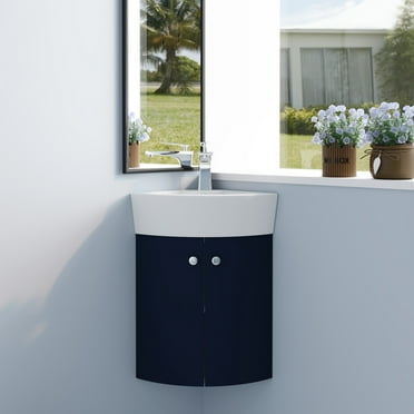 Tcbosik 13" Corner Bathroom Vanity Sink Combo for Small Space, Wall Mounted Cabinet Set Design, White Ceramic Basin Sink Top, 2 Soft Closing Doors (Navy Blue)