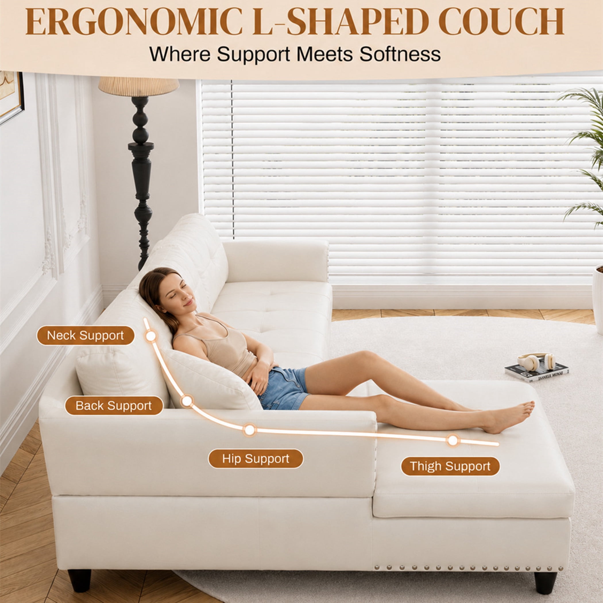 Aukfa 98" L Shaped Sectional Couch with Cup Holder Console, Tufted Back&Nailhead Trim, Oversized Left Chaise Leather Sofa for Living Room, White