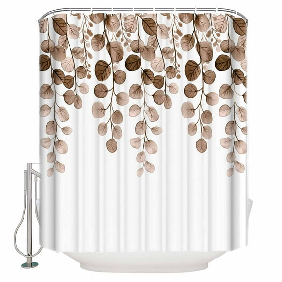 Small Stall Shower Curtain 36x72 Inch Narrow Half Size Brown Eucalyptus Leaves Bath Curtains Bathroom Decor Watercolor Floral Leaf Plants Waterproof Fabric Shower Curtain Set with Hooks 36 Inch