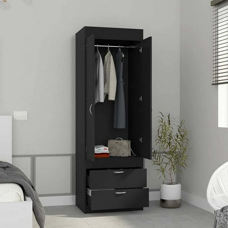 Newboti Furniture Armoire 70H", Double Door Cabinet, Two Drawers, Metal Handles, Rod, Black 01524