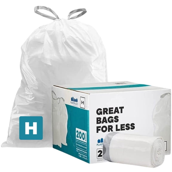 Plasticplace Custom Fit Trash Bags Compatible with simplehuman Code H (200 Count) Drawstring Garbage Bag 8-9 Gallon White Tear-Resistant Trash Liners for Kitchen Bathroom Office Recycling 18.5” x 28”