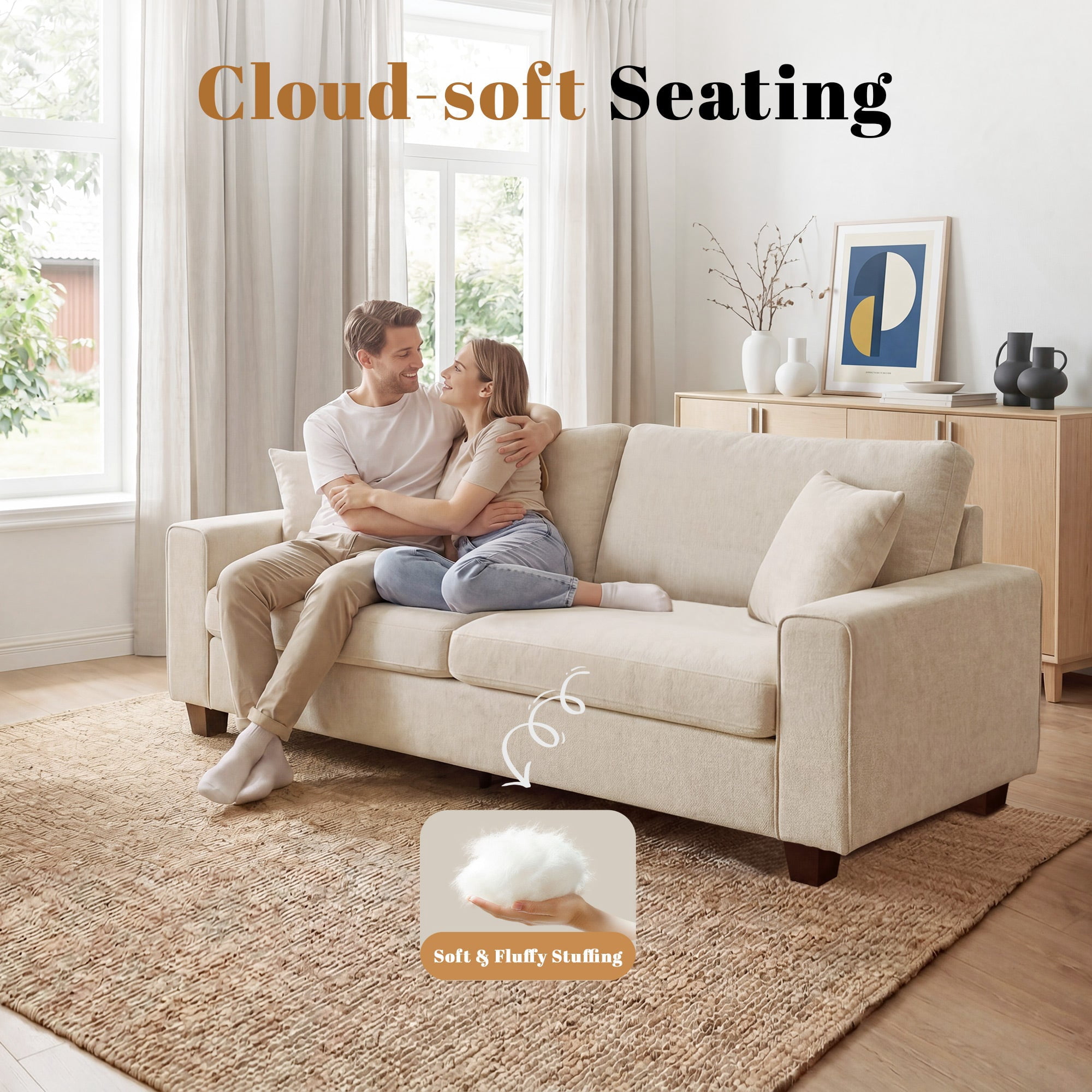 Poshby 88.58''W 3 Seater Sofa Couch with Chenille, Modern Square Arm for Living Room, Beige