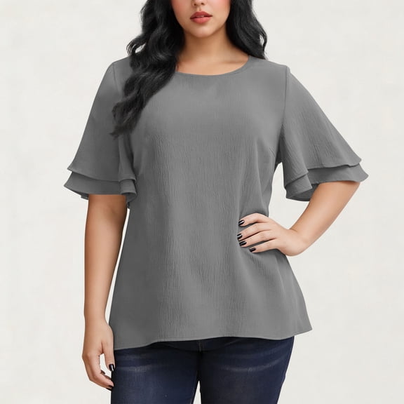 Women's Plus Size Top Work Blouses For Women Short Ruffle Sleeves Top Dressy Shirt Office Elegant Crewneck Loose Tops Summer Blouse Shirt