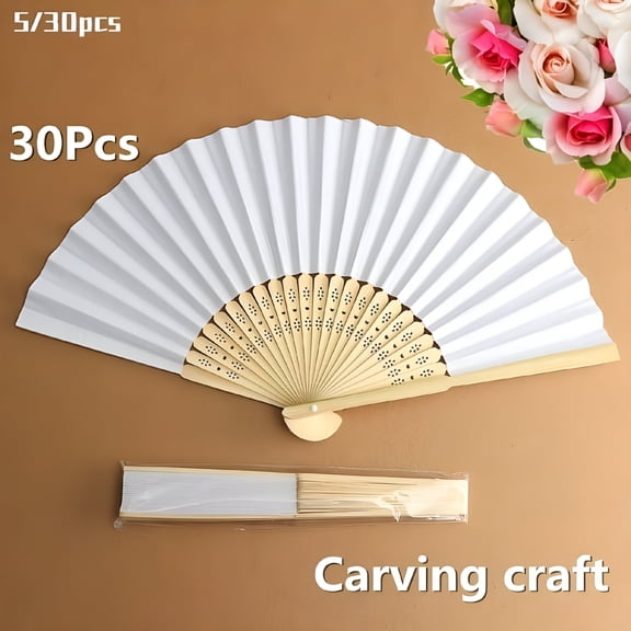 XIBUFE 302010 Pack Hand Held Fans White Silk Bamboo Folding for Wedding Party DIY
