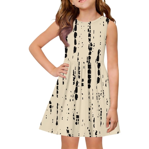 CCRFTGI Dresses for Kids Girls Size 7 A-Line Beige Striped Dress Party Cute Sleeveless Girls Clothes Summer Fashion Special Occasion Dresses Beige 7-8 Years