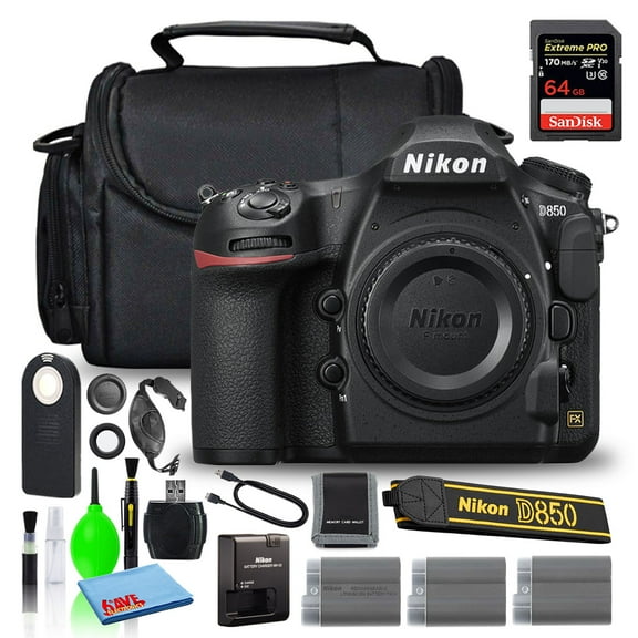 Nikon D850 45.7MP DSLR Digital Camera (Body Only) (1585) Bundle with Sandisk 64GB Extreme PRO SD Card   (2) Extra Compatible Batteries   Camera Bag   Wireless Remote