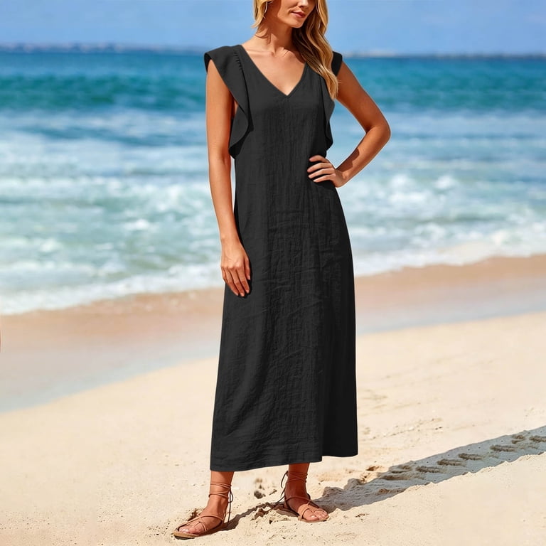 maxi plus size vacation dress Miluxas Women's Plus Size Shift Maxi Dress Textured V Neck Ruffle Sleeve Loose Long Dress Lightweight Beach Sundress Lounge Vacation Outfit Black,