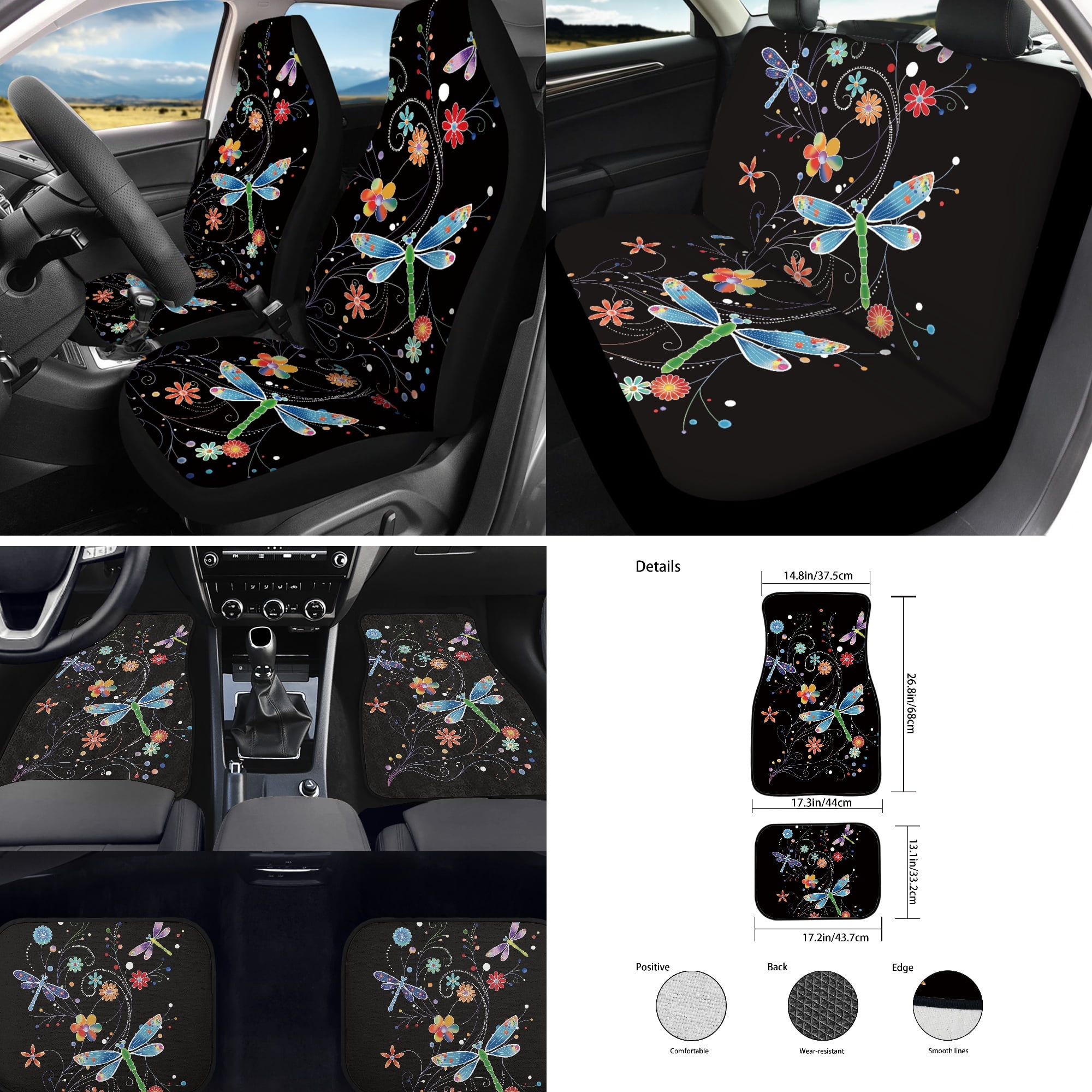 Jeiento Dragonfly Car Accessories Full Set for Women, Automotive Vehicle Seat Cover, Floral Decorative Car Floor Mat Steering Wheel Cover Center Console Pad Fit for SUV Van Truck Sedan