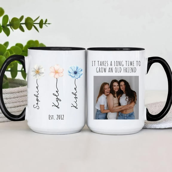 Long Time to Grow an Old Friend Personalized Birth-Flower Friendship Mug, Custom Bestie/BFF Coffee Cup, Birthday Gift