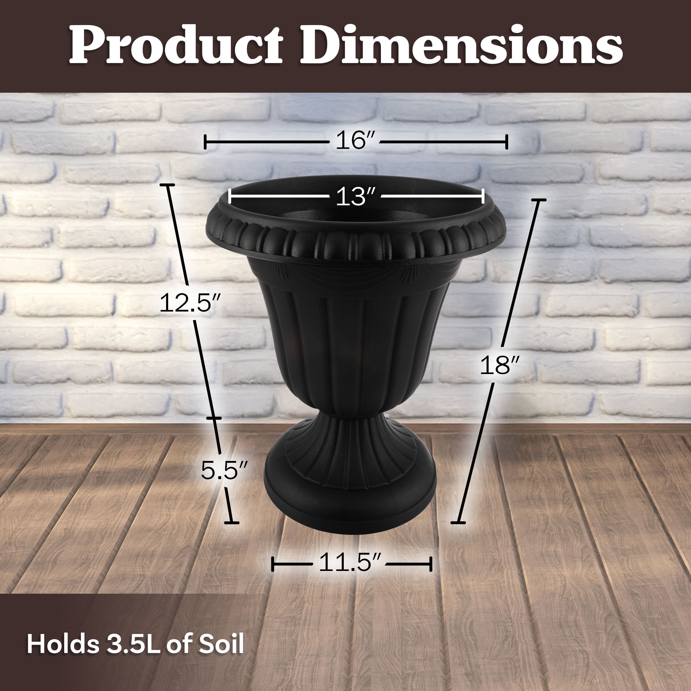 Pure Garden 16x18-Inch Outdoor Planter 2-Pack - Plastic Urn Planters, Black