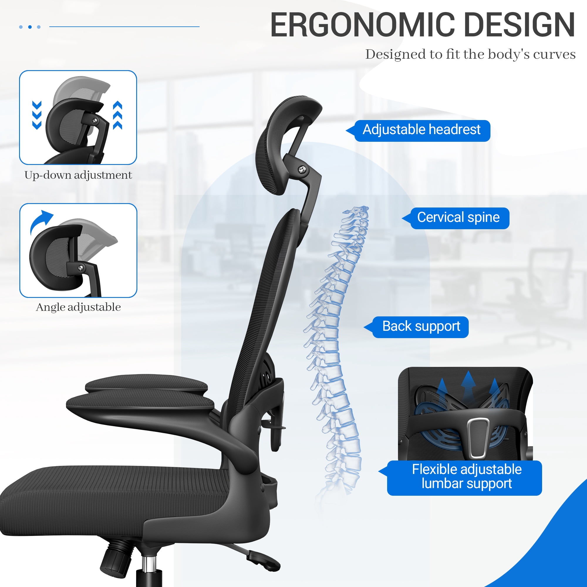 Furmax High Back Office Chair Ergonomic Mesh Desk Chair with Adjustable Lumber Support, Headrest and Flip up Armrest, Black