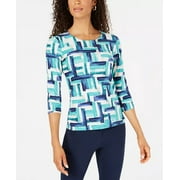 JM Women's Collection Petite Printed Jacquard Top Navy Size Petite Medium