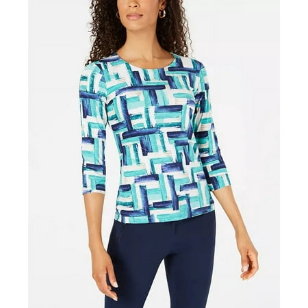 JM Women's Collection Petite Printed Jacquard Top Navy Size Petite Medium