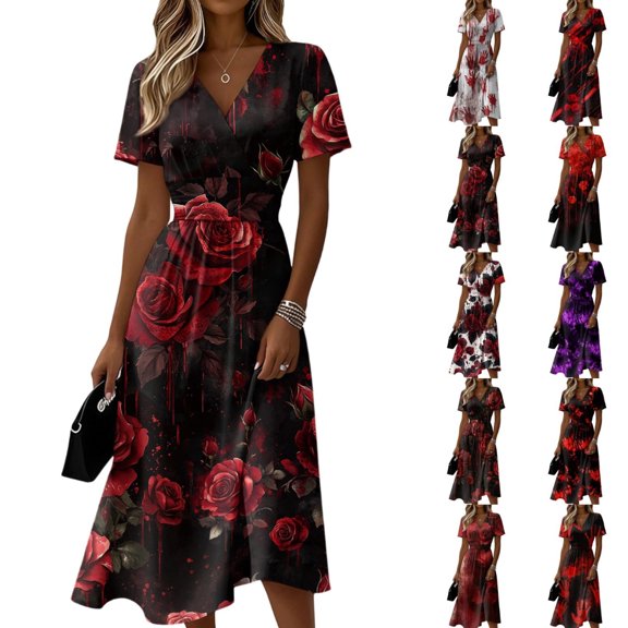 Women's V Neck Short Sleeve Halloween Print Casual Dress A Line Midi Dress with Waist Definition for Everyday Wear Seasonal Outfit Black L