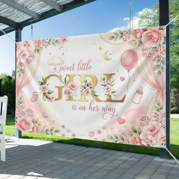 Girl Baby Shower Backdrop Pink Floral Sweet Baby Baby Shower Banner A Sweet Little Girl is on Her Way Party Decorations Banner 51*59IN