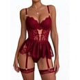 thumbnail image 3 of MINTREUS Lingerie for Women Sexy Rhinestone Heart Garter Underwire Floral Lace Mesh Sheer Babydoll Lingerie Teddy Bodysuit Skirt Set, 3 of 9
