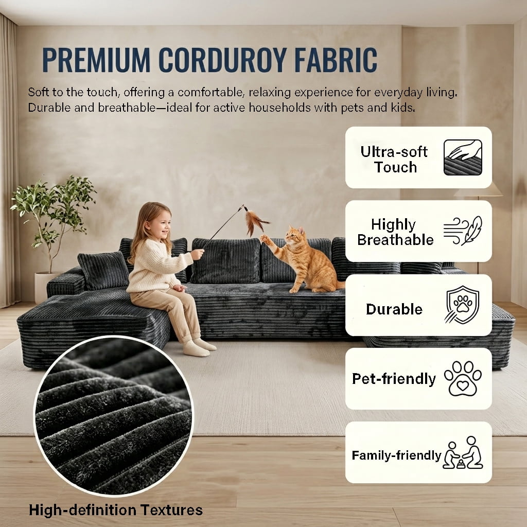 Howcool 131" U‑Shaped Modular Sectional Sofa with Deep Seat Chaise,Corduroy 4‑Seat Boneless Cloud Couch,Compressed Sofa for Living Room,No Assembly Required,Gray