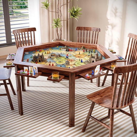 LAUSAINT HOME Board Game & Card Table for 6 Players with Removable Table Top, Cup Holders and Trays, Walnut Hexagon