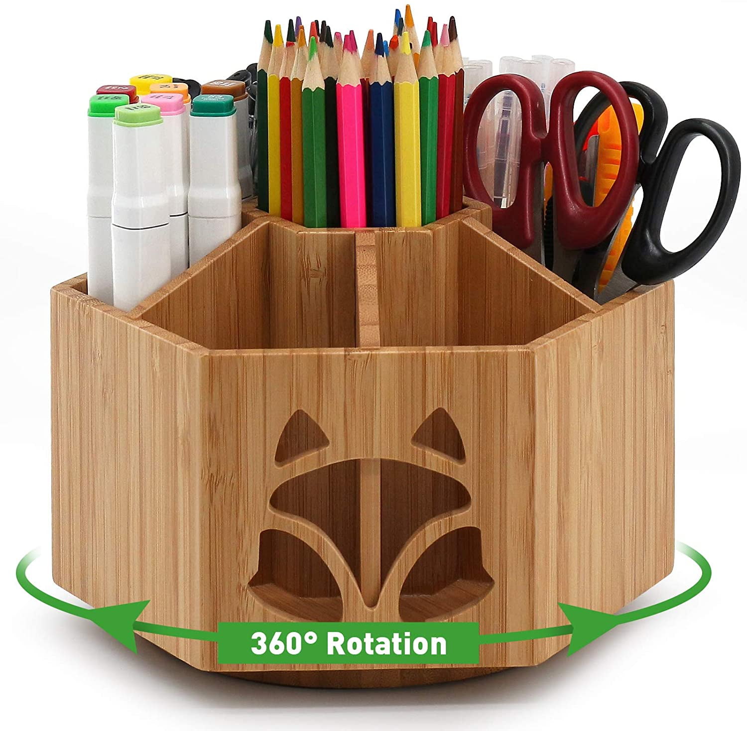 Bamboo Rotating Art Supply Organizer, Office Desk Supplies Organizer with 7 Compartments