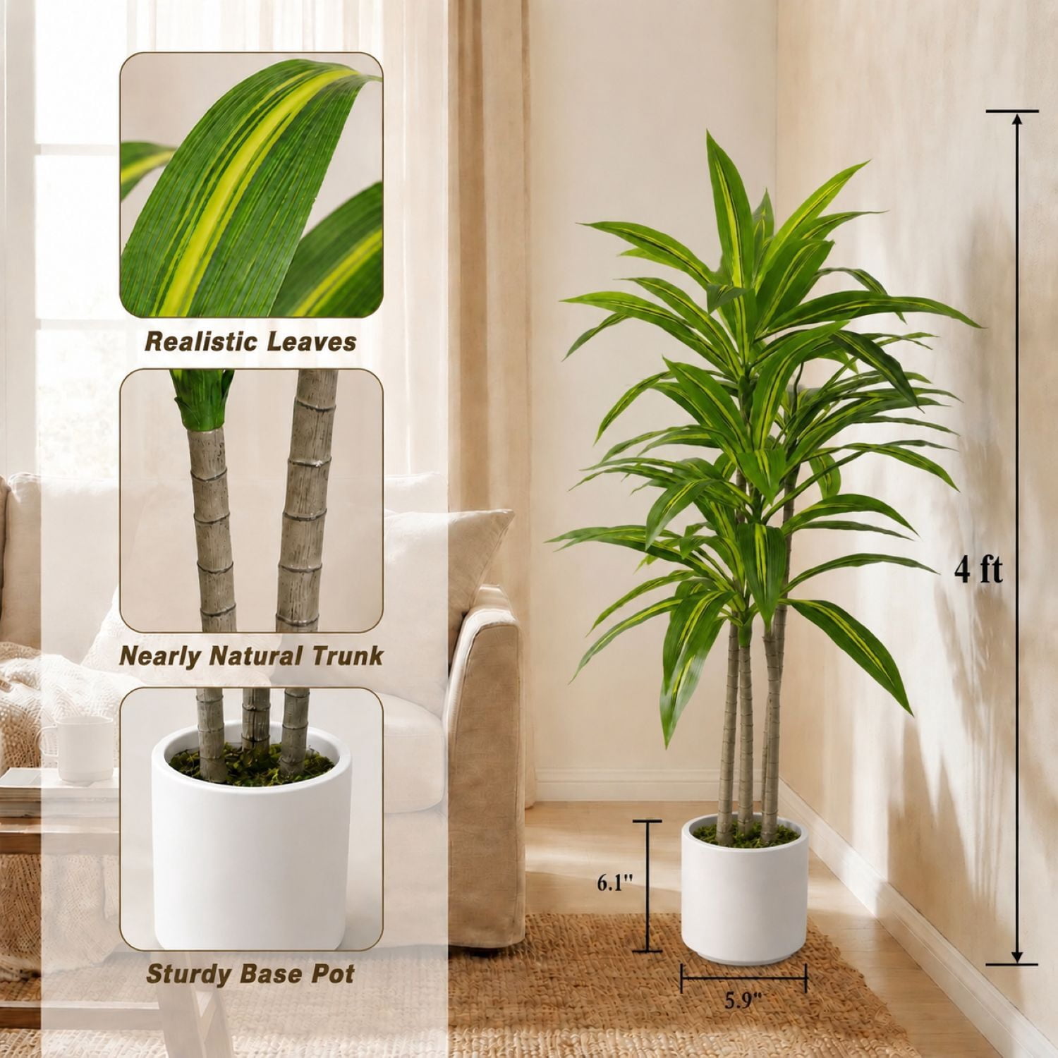 Easy4Home 4FT Artificial Plant Fake Dracaena Tree Potted Indoor Faux Floor Plant for Home Office Decor, White Pot