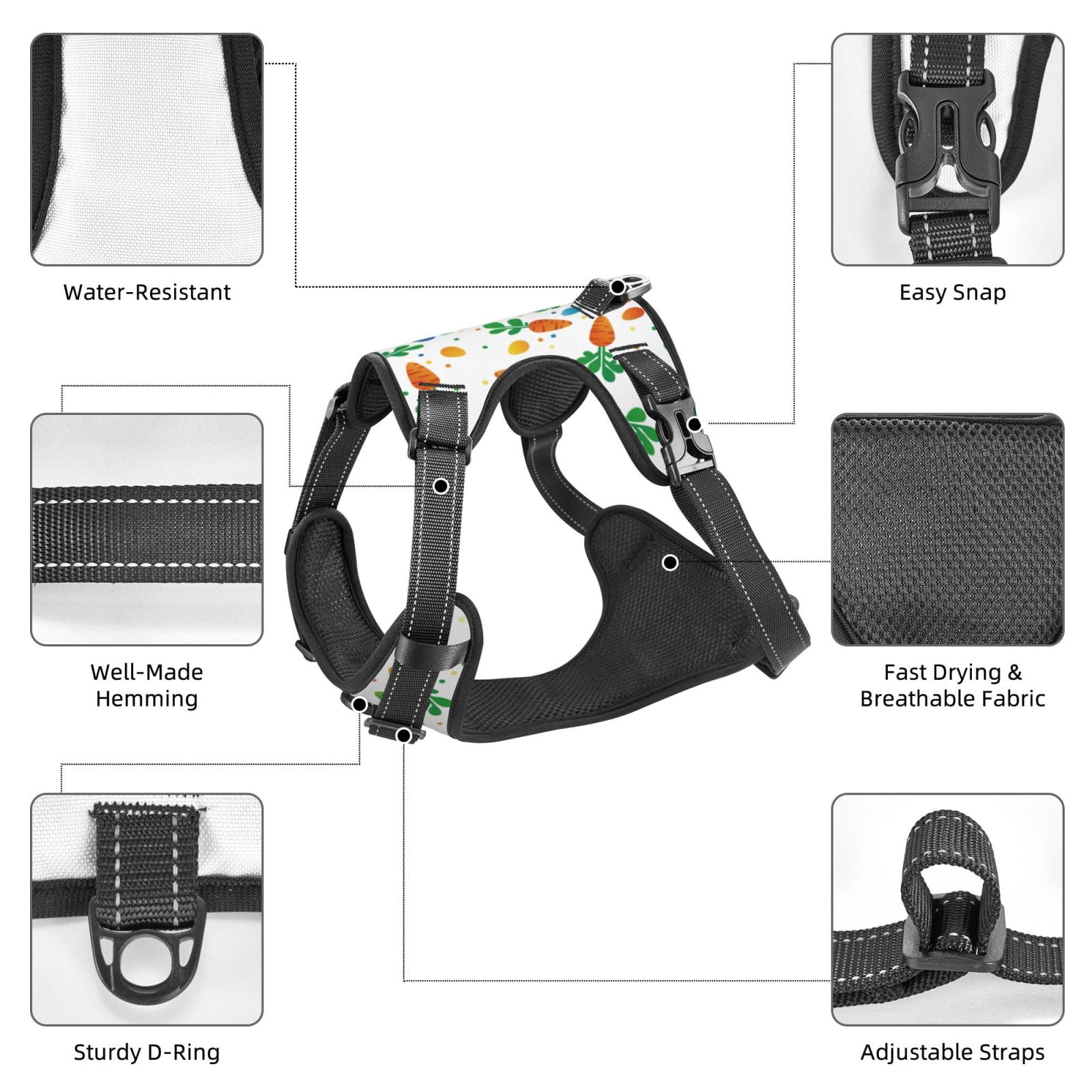 Vsdgher Cute Carrot Pattern Dog Harness,No Pull Pet Harness with Soft Padded Handle,Adjustable Reflective Vest with 2 Buckles,4 Slide Buckles,S-XL Large