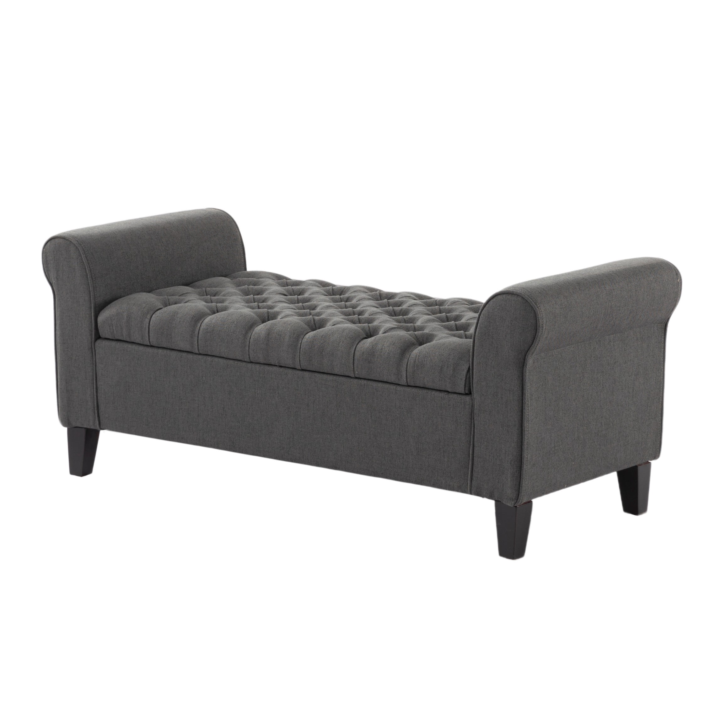 BSHTI 50" Flip Top Storage Bench with Tufted Cushion & Rolled Armrests – Solid Wood Frame, Hidden Storage Compartment, Tapered Legs – For Entryway, Bedroom, Living Room,Dark Grey