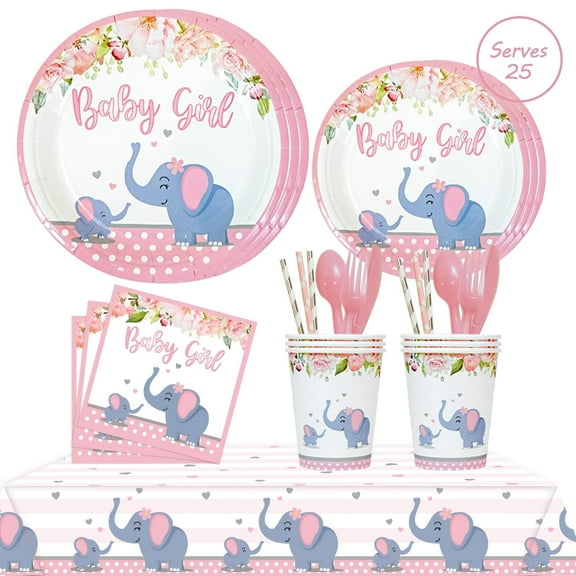 201 Pc Pink Elephant Baby Shower Decorations For Girl, Floral Birthday Party Supplies -Tablecloth, Paper Plates, Napkins Straws Cups Forks Spoons & Knives - Elephant Theme Tableware Set Serves 25
