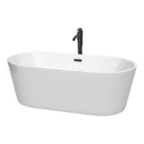 Carissa 67 Inch Freestanding Bathtub in White with Floor Mounted Faucet, Drain and Overflow Trim in Matte Black