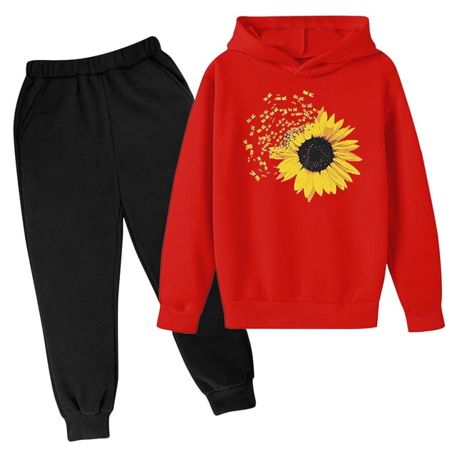 RXIRUCGD Mode Filles et Garçons Enfants Décontracté Manches Longues Imprimé Tournesol Hauts Ensemble à Capuche Manches Longues (Rouge, Taille : 11 Ans)